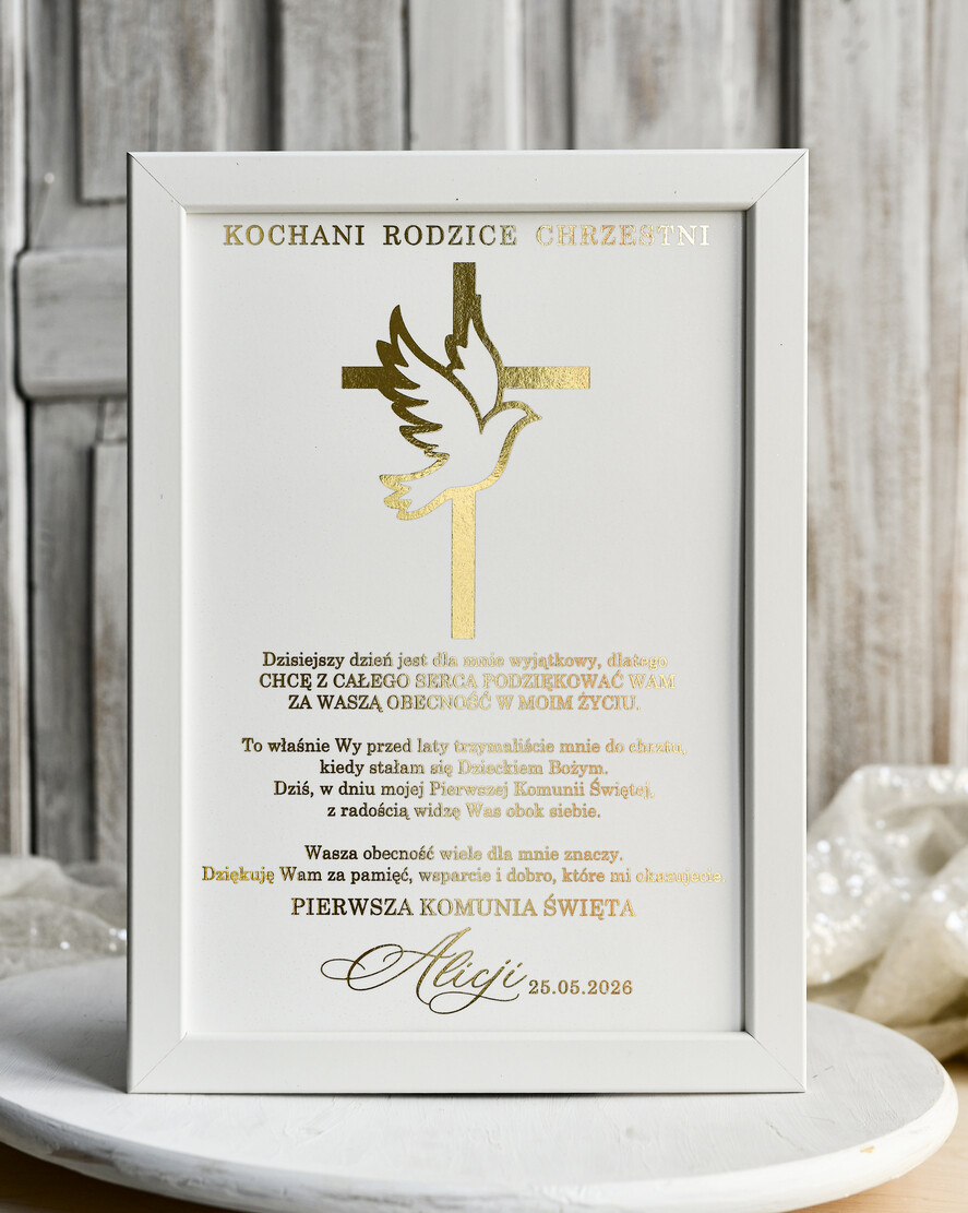 podziękowania dla najbliższych  Podziękowania w Ramie podziękowanie dla rodziców Chrzestnych na Komunię, Komunijne podziękowania dla Matki i Ojca Chrzestnego w białej ramie 0