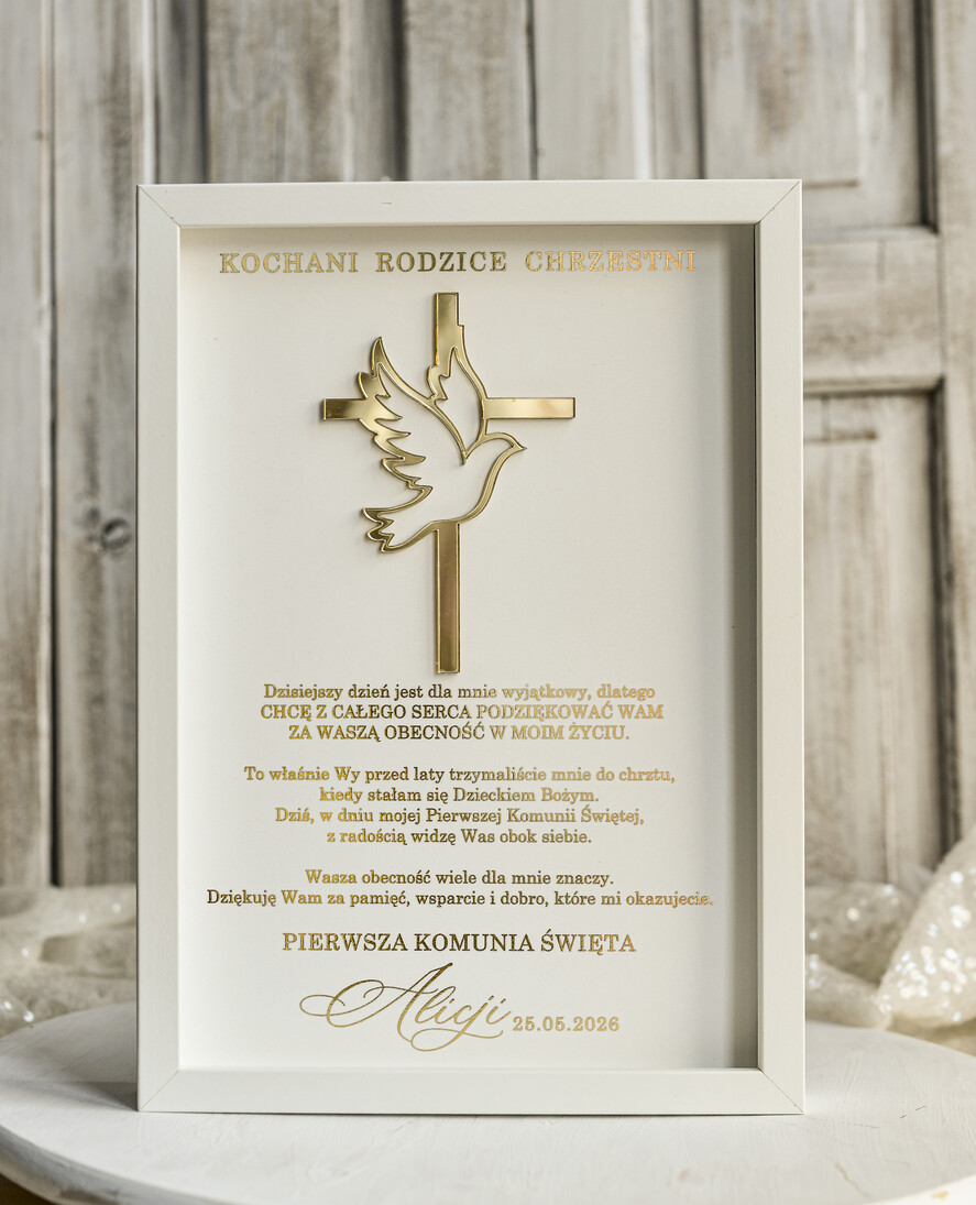podziękowania dla najbliższych  Podziękowania w Ramie podziękowanie dla rodziców Chrzestnych na Komunię, Komunijne podziękowania dla Matki i Ojca Chrzestnego w białej ramie 0