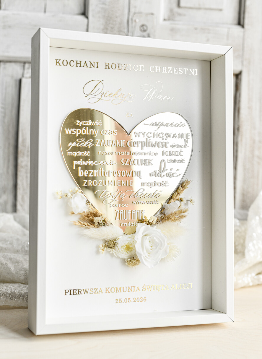 podziękowania dla najbliższych  Podziękowania w Ramie podziękowanie dla Rodziców Chrzestnych Komunia, Komunijne podziękowania dla Matki i Ojca Chrzestnego Rama i kwiaty , Flowerbox Serce 2