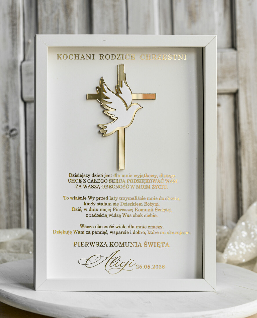 podziękowania dla najbliższych  Podziękowania w Ramie podziękowanie dla rodziców Chrzestnych na Komunię, Komunijne podziękowania dla Matki i Ojca Chrzestnego w białej ramie 3
