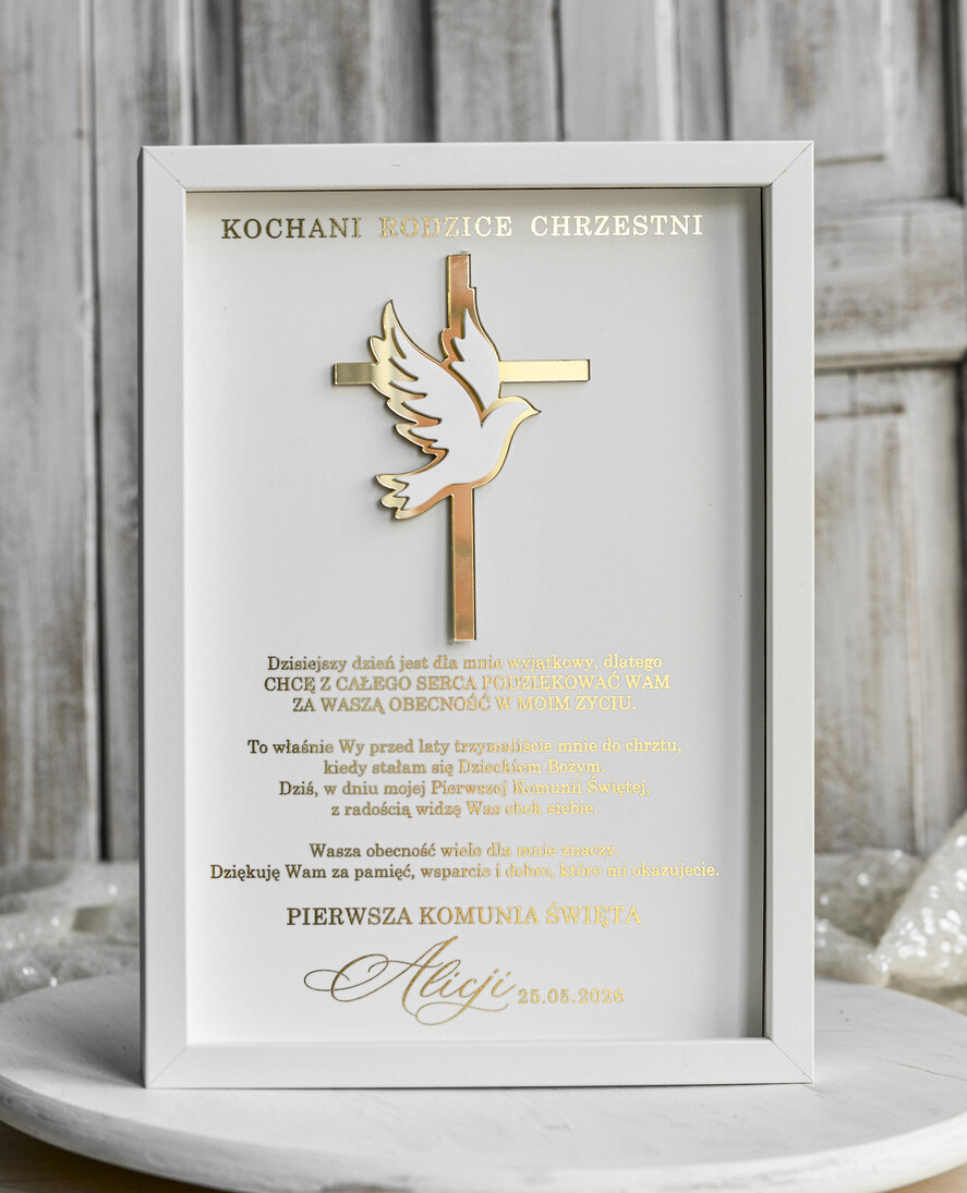 podziękowania dla najbliższych  Podziękowania w Ramie podziękowanie dla rodziców Chrzestnych na Komunię, Komunijne podziękowania dla Matki i Ojca Chrzestnego w białej ramie 0