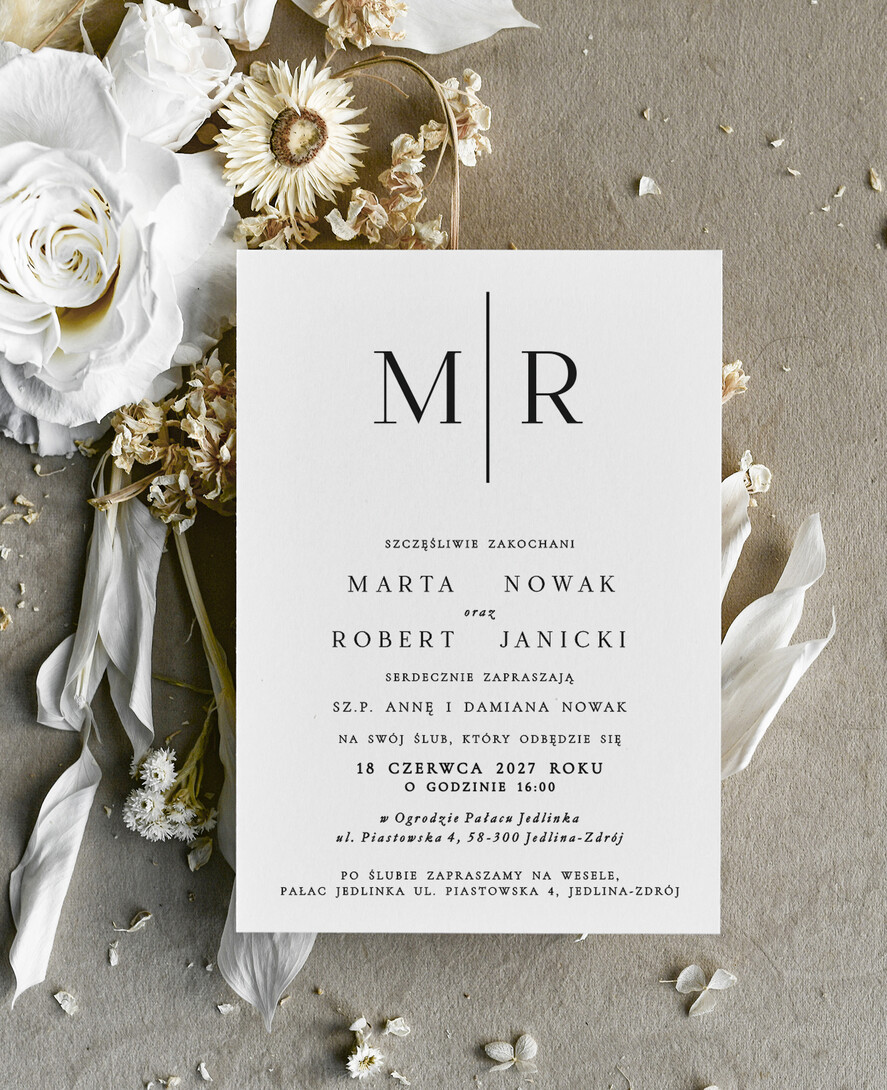 Zaproszenia ślubne tanie Monogram Nowoczesne Zaproszenia Ślubne Czarno Białe, Monochromatyczne Zaproszenia na Ślub 0