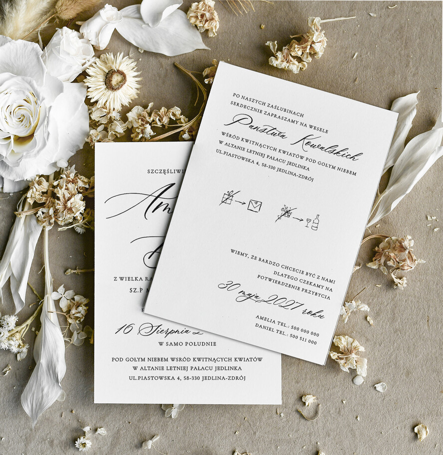 Zaproszenia ślubne tanie Klasyczne Piękne Zaproszenia Ślubne Czarno Białe, Monochromatyczne Zaproszenia na Ślub 1