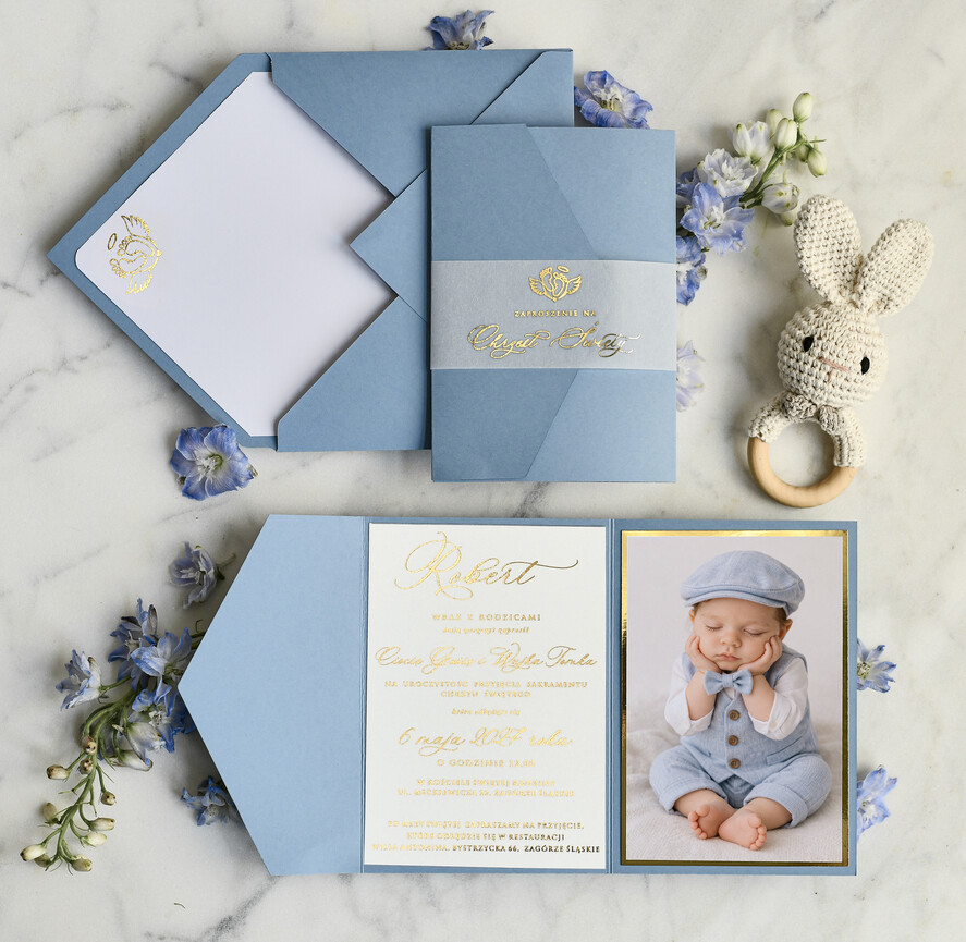 ZAPROSZENIA NA CHRZCINY dla chłopca Boho Złocone Zaproszenie na Chrzest w folderze, Eleganckie Zaproszenia na Chrzciny ze Zdjęciem 0