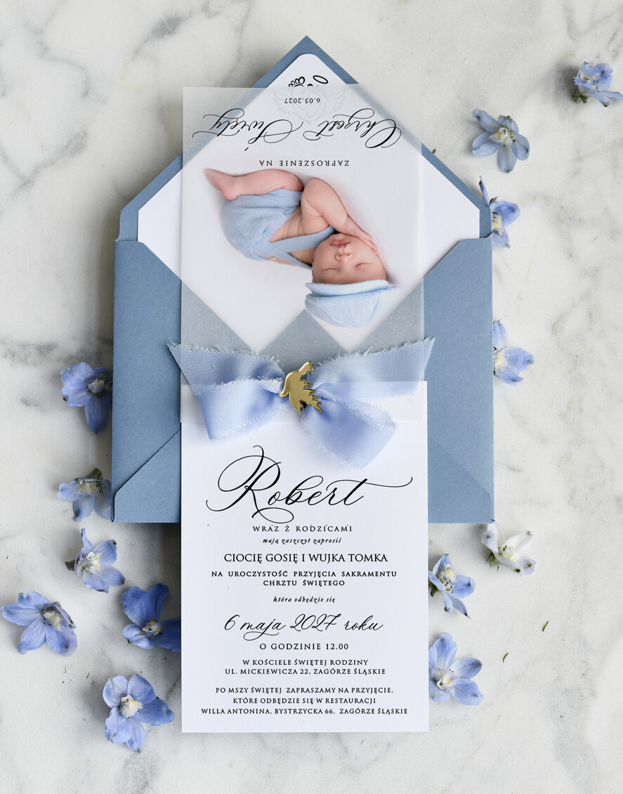 ZAPROSZENIA NA CHRZCINY dla chłopca klasyczne Zaproszenie na Chrzest z kalką, Eleganckie Zaproszenia na Chrzciny ze Zdjęciem 2