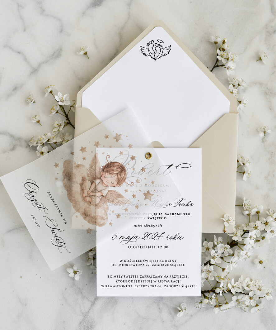 ZAPROSZENIA NA CHRZCINY dla chłopca klasyczne Zaproszenie na Chrzest z kalką, Eleganckie Zaproszenia na Chrzciny  presonalizowane1