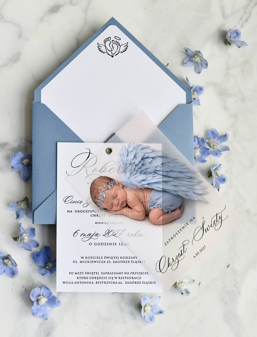 ZAPROSZENIA NA CHRZCINY dla chłopca klasyczne Zaproszenie na Chrzest z kalką, Eleganckie Zaproszenia na Chrzciny  presonalizowane1