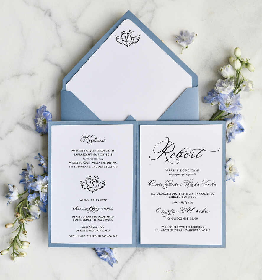 ZAPROSZENIA NA CHRZCINY dla chłopca zaproszenie na Chrzest Niebieskie Klasyczne zaproszenie na chrzciny ze zdjęciem  presonalizowane2