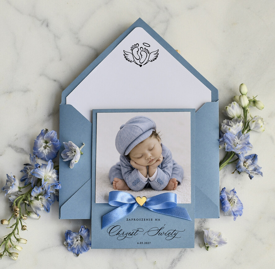 ZAPROSZENIA NA CHRZCINY dla chłopca zaproszenie na Chrzest Niebieskie Klasyczne zaproszenie na chrzciny ze zdjęciem  presonalizowane0