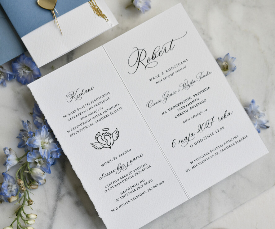 ZAPROSZENIA NA CHRZCINY dla chłopca zaproszenie na Chrzest Niebieskie Klasyczne zaproszenie na chrzciny rwane zaproszenia na chrest złocone2