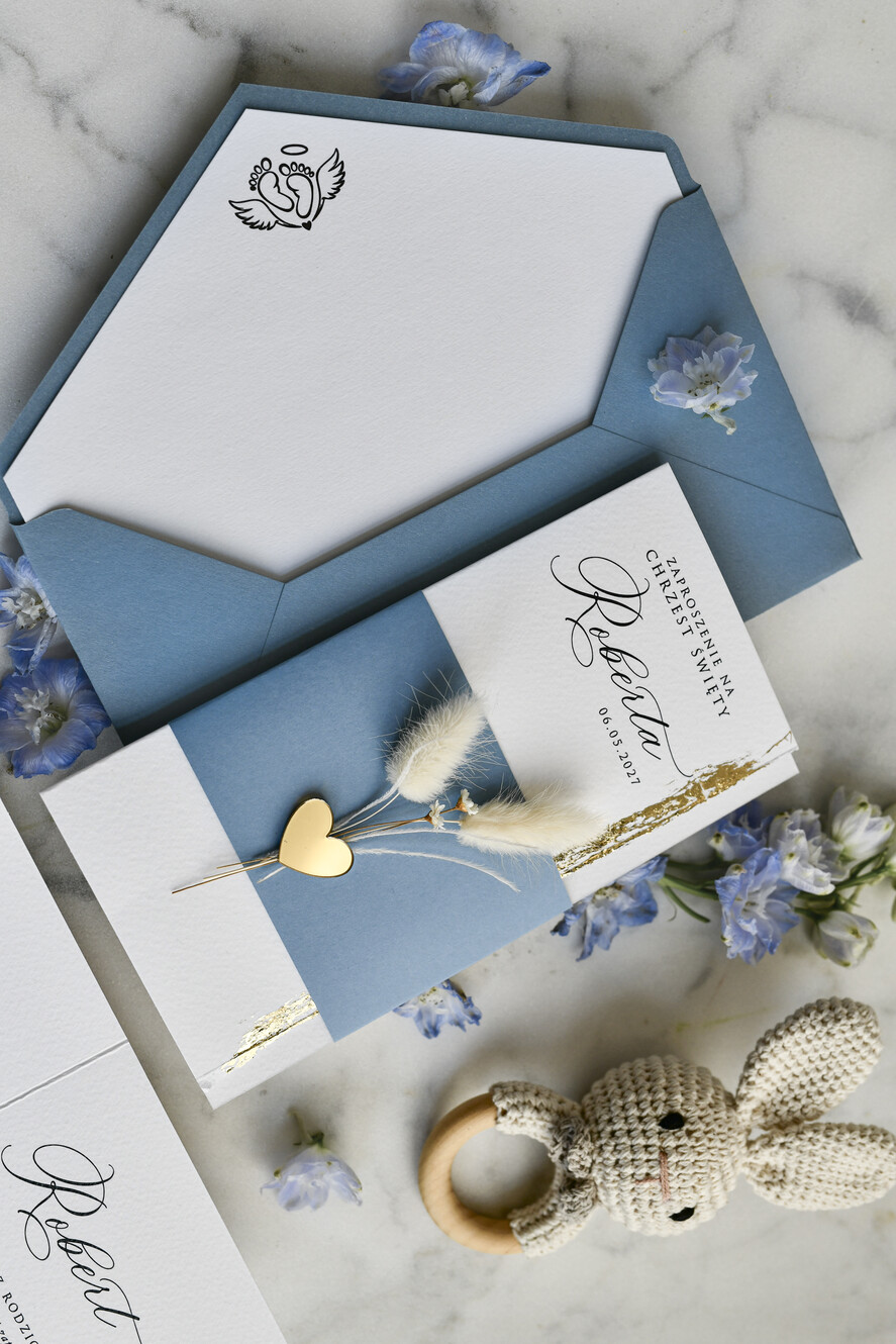 ZAPROSZENIA NA CHRZCINY dla chłopca zaproszenie na Chrzest Niebieskie Klasyczne zaproszenie na chrzciny rwane zaproszenia na chrest złocone3