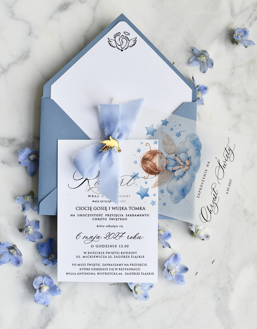 ZAPROSZENIA NA CHRZCINY dla chłopca klasyczne Zaproszenie na Chrzest z kalką, Eleganckie Zaproszenia na Chrzciny ze Zdjęciem 1