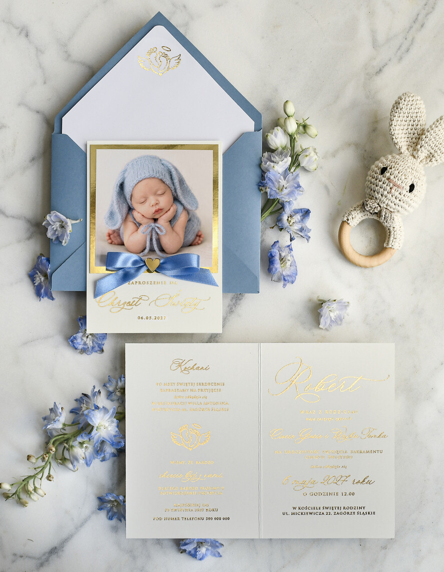 ZAPROSZENIA NA CHRZCINY dla chłopca zaproszenie na Chrzest Złote Eleganckie zaproszenie na chrzciny ze zdjęciem  presonalizowane1