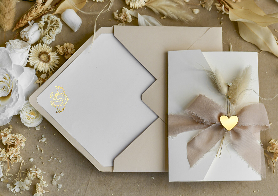 ZAPROSZENIA NA CHRZCINY dla chłopca Boho Złocone Zaproszenie na Chrzest w folderze, Eleganckie Zaproszenia na Chrzciny ze Zdjęciem 4