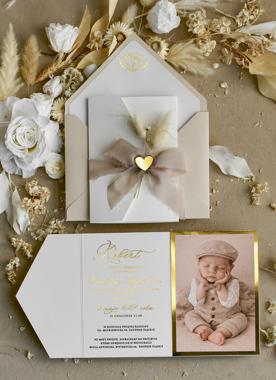 ZAPROSZENIA NA CHRZCINY dla chłopca Boho Złocone Zaproszenie na Chrzest w folderze, Eleganckie Zaproszenia na Chrzciny ze Zdjęciem 0