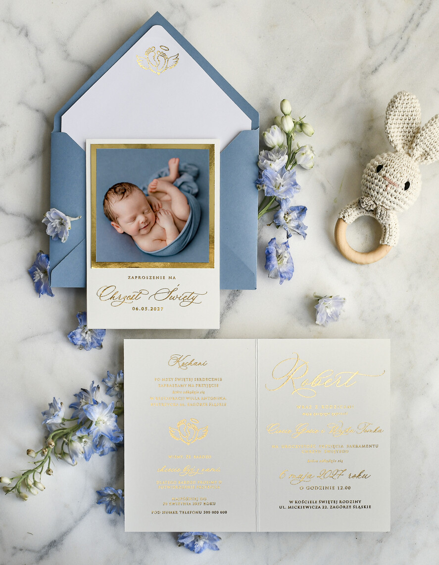 ZAPROSZENIA NA CHRZCINY dla chłopca zaproszenie na Chrzest Złote zaproszenie na chrzciny ze zdjęciem  presonalizowane1