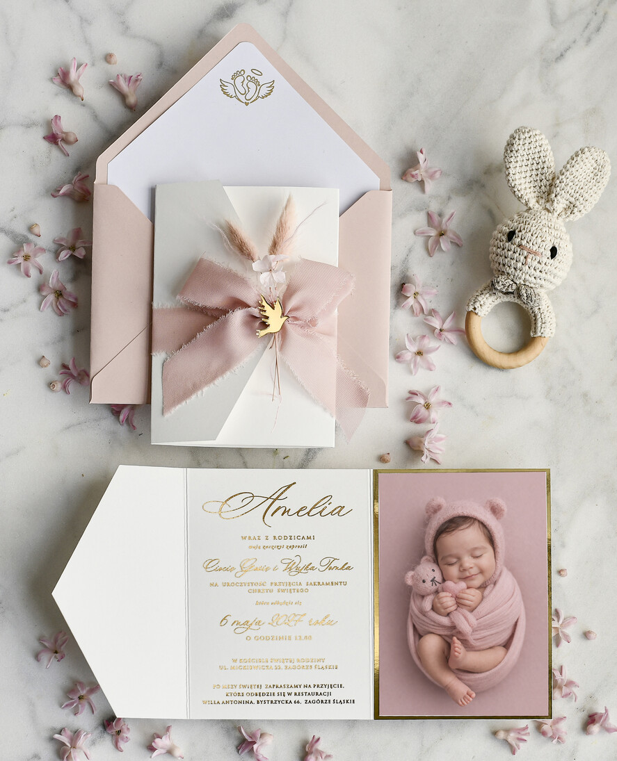 ZAPROSZENIA NA CHRZCINY dla dziewczynki  Boho Złocone Zaproszenie na Chrzest w folderze, Eleganckie Zaproszenia na Chrzciny ze Zdjęciem 0