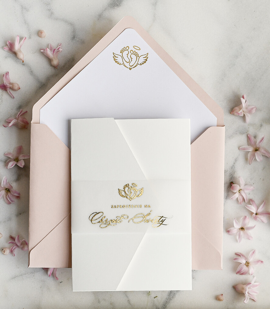 ZAPROSZENIA NA CHRZCINY dla dziewczynki  Złocone Zaproszenie na Chrzest, Eleganckie Zaproszenia na Chrzciny ze Zdjęciem 1