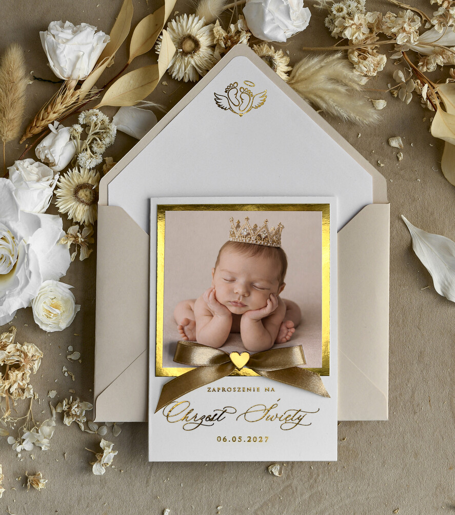 ZAPROSZENIA NA CHRZCINY dla dziewczynki  Złocone Zaproszenie na Chrzest, Eleganckie Zaproszenia na Chrzciny ze Zdjęciem 2