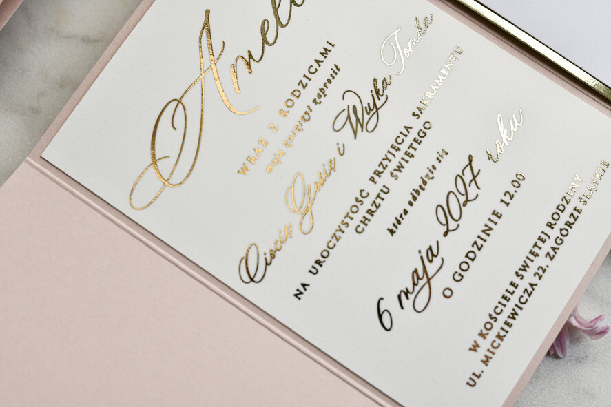 ZAPROSZENIA NA CHRZCINY dla dziewczynki  Złocone Zaproszenie na Chrzest, Eleganckie Zaproszenia na Chrzciny ze Zdjęciem 1