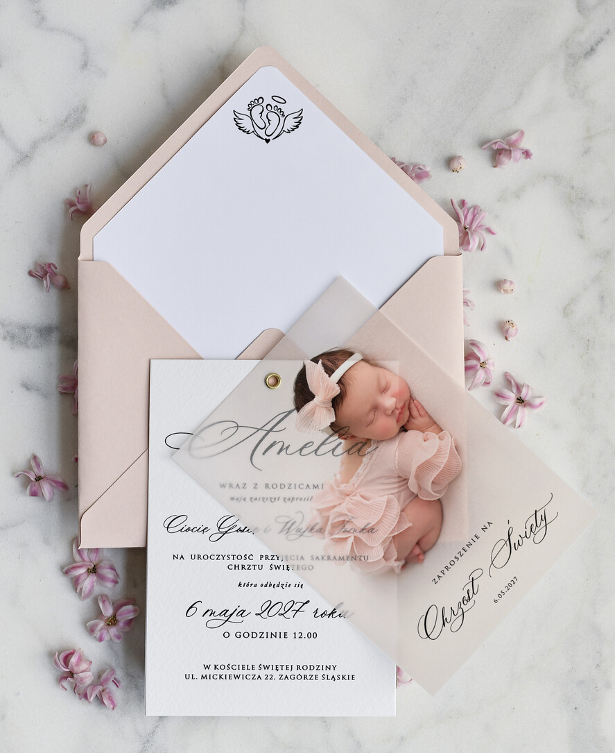 ZAPROSZENIA NA CHRZCINY dla dziewczynki  klasyczne Zaproszenie na Chrzest z kalką, Eleganckie Zaproszenia na Chrzciny ze Zdjęciem 1