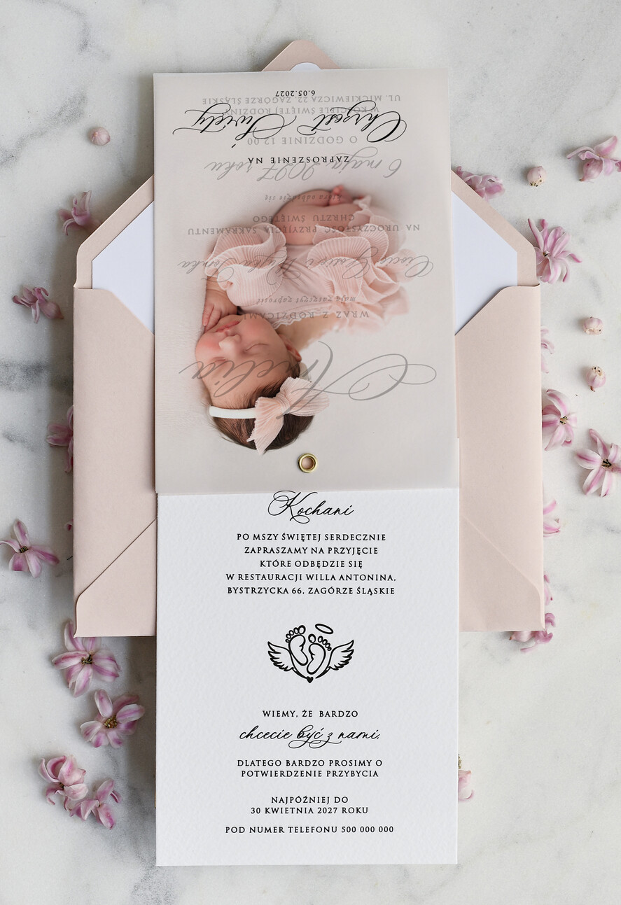 ZAPROSZENIA NA CHRZCINY dla dziewczynki  klasyczne Zaproszenie na Chrzest z kalką, Eleganckie Zaproszenia na Chrzciny ze Zdjęciem 2