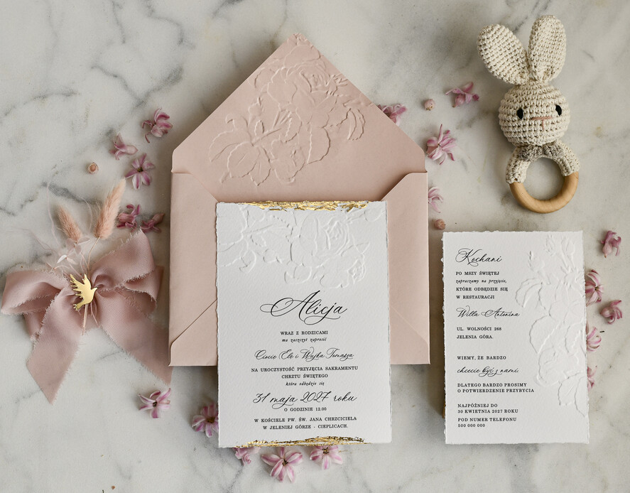 ZAPROSZENIA NA CHRZCINY dla dziewczynki  Boho Złocone Zaproszenie na Chrzest tłoczone, Eleganckie Tłoczone Zaproszenia na Chrzciny 1