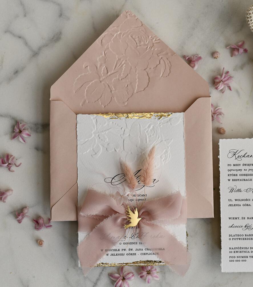 ZAPROSZENIA NA CHRZCINY dla dziewczynki  Boho Złocone Zaproszenie na Chrzest tłoczone, Eleganckie Tłoczone Zaproszenia na Chrzciny 2