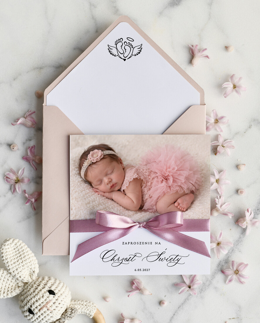 ZAPROSZENIA NA CHRZCINY dla dziewczynki  Boho Złocone Zaproszenie na Chrzest w folderze, Eleganckie Zaproszenia na Chrzciny ze Zdjęciem 0