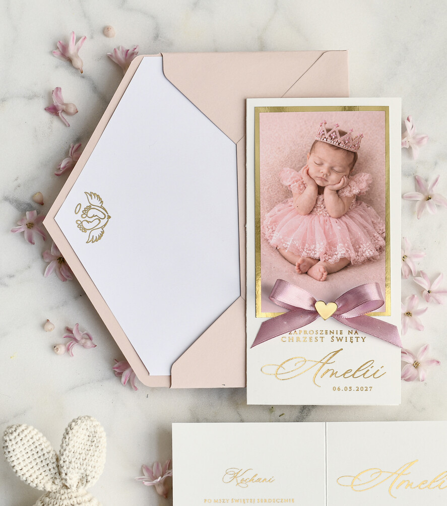 ZAPROSZENIA NA CHRZCINY dla dziewczynki  Złocone Zaproszenie na Chrzest, Eleganckie Zaproszenia na Chrzciny ze Zdjęciem 1