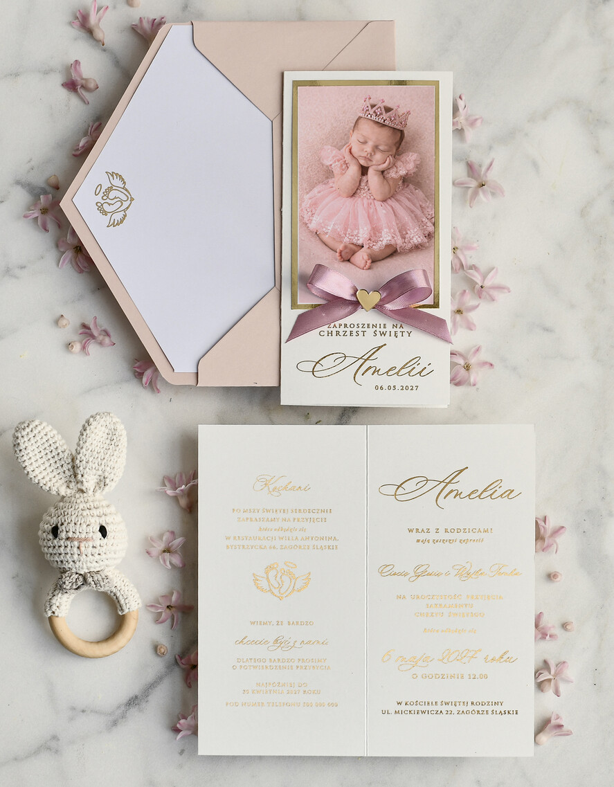 ZAPROSZENIA NA CHRZCINY dla dziewczynki  Złocone Zaproszenie na Chrzest, Eleganckie Zaproszenia na Chrzciny ze Zdjęciem 2