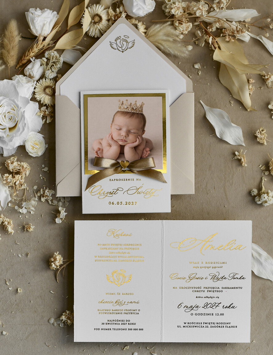ZAPROSZENIA NA CHRZCINY dla dziewczynki  Złocone Zaproszenie na Chrzest, Eleganckie Zaproszenia na Chrzciny ze Zdjęciem 2