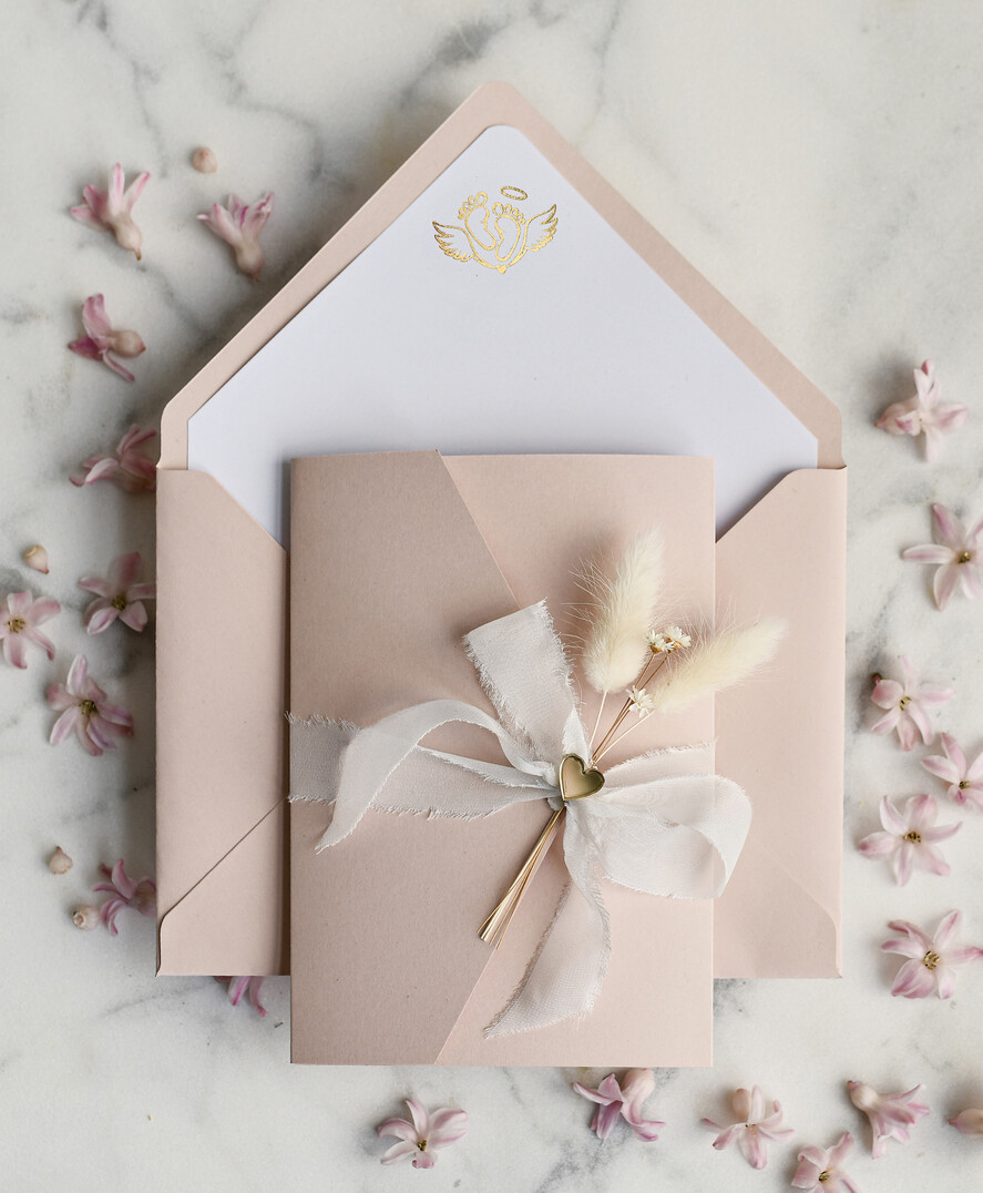 ZAPROSZENIA NA CHRZCINY dla dziewczynki  Boho Złocone Zaproszenie na Chrzest w folderze, Eleganckie Zaproszenia na Chrzciny ze Zdjęciem 1