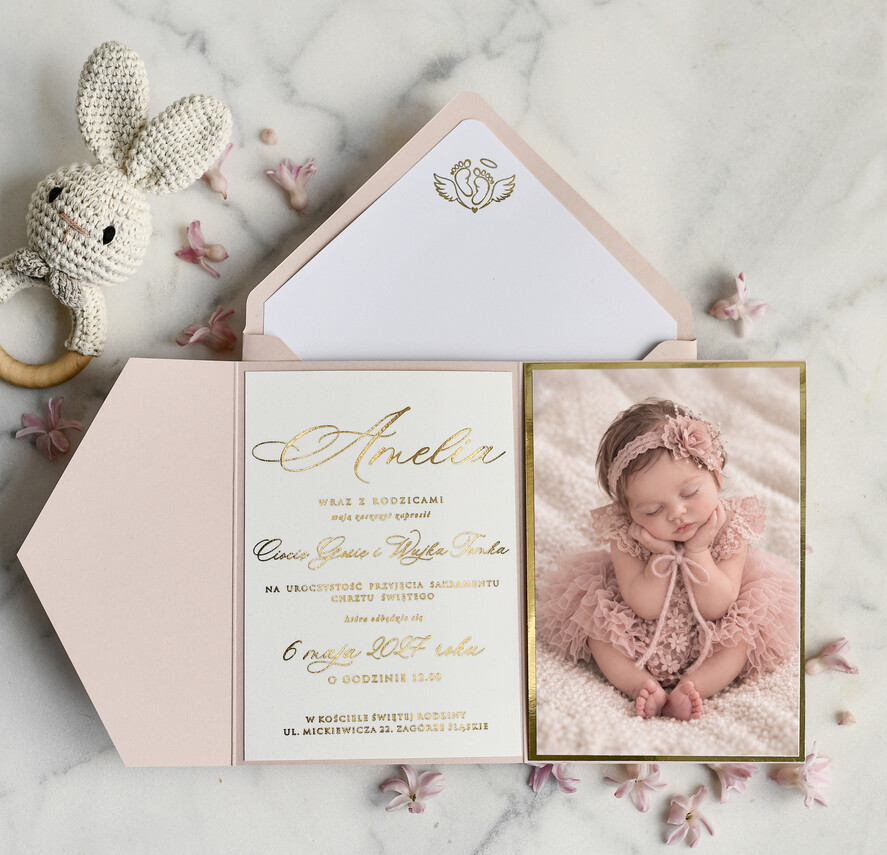 ZAPROSZENIA NA CHRZCINY dla dziewczynki  Boho Złocone Zaproszenie na Chrzest w folderze, Eleganckie Zaproszenia na Chrzciny ze Zdjęciem 2