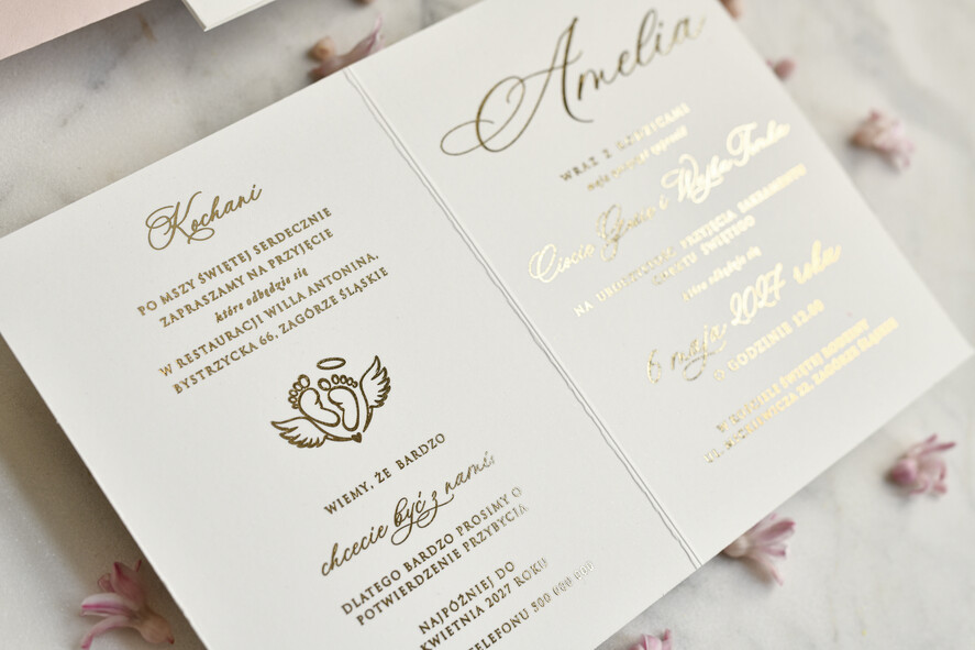 ZAPROSZENIA NA CHRZCINY dla dziewczynki  Złocone Zaproszenie na Chrzest, Eleganckie Zaproszenia na Chrzciny ze Zdjęciem 2
