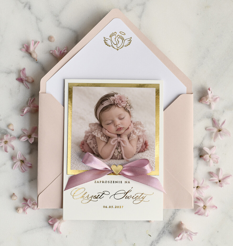 ZAPROSZENIA NA CHRZCINY dla dziewczynki  Złocone Zaproszenie na Chrzest, Eleganckie Zaproszenia na Chrzciny ze Zdjęciem 0