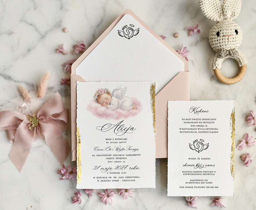 ZAPROSZENIA NA CHRZCINY dla dziewczynki  Boho Złocone Zaproszenie na Chrzest z aniołkiem, Eleganckie Tłoczone Zaproszenia na Chrzciny 1