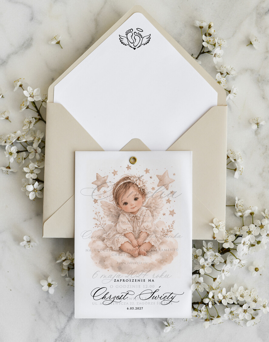 ZAPROSZENIA NA CHRZCINY dla dziewczynki  klasyczne Zaproszenie na Chrzest z kalką, Eleganckie Zaproszenia na Chrzciny ze Zdjęciem 1
