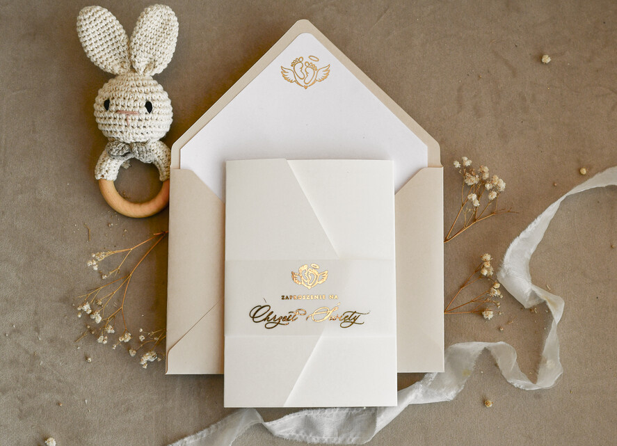 ZAPROSZENIA NA CHRZCINY dla dziewczynki  Złocone Zaproszenie na Chrzest, Eleganckie Zaproszenia na Chrzciny ze Zdjęciem 1