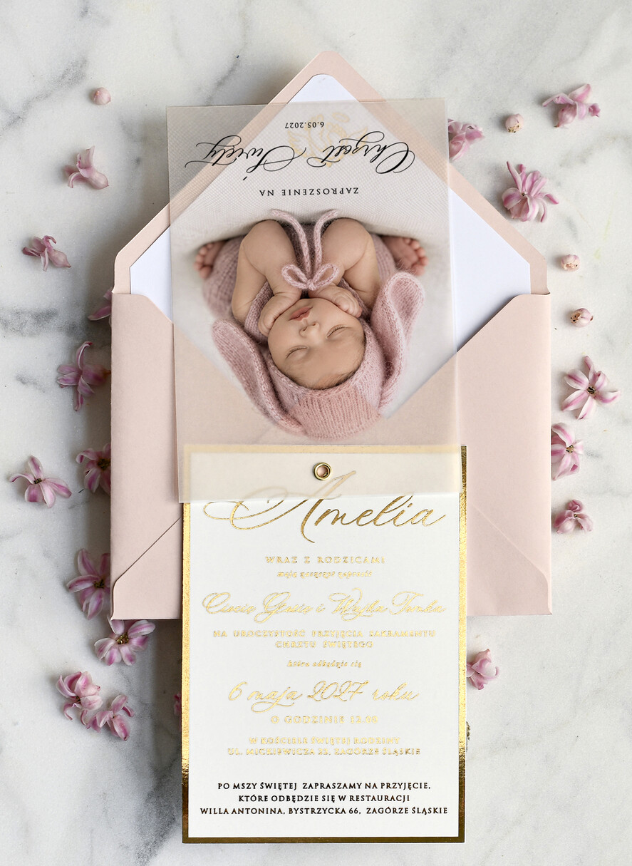 ZAPROSZENIA NA CHRZCINY dla dziewczynki  klasyczne Zaproszenie na Chrzest z kalką, Eleganckie Zaproszenia na Chrzciny ze Zdjęciem 1
