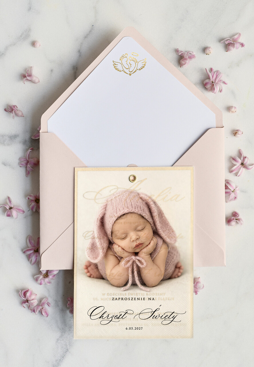 ZAPROSZENIA NA CHRZCINY dla dziewczynki  klasyczne Zaproszenie na Chrzest z kalką, Eleganckie Zaproszenia na Chrzciny ze Zdjęciem 0