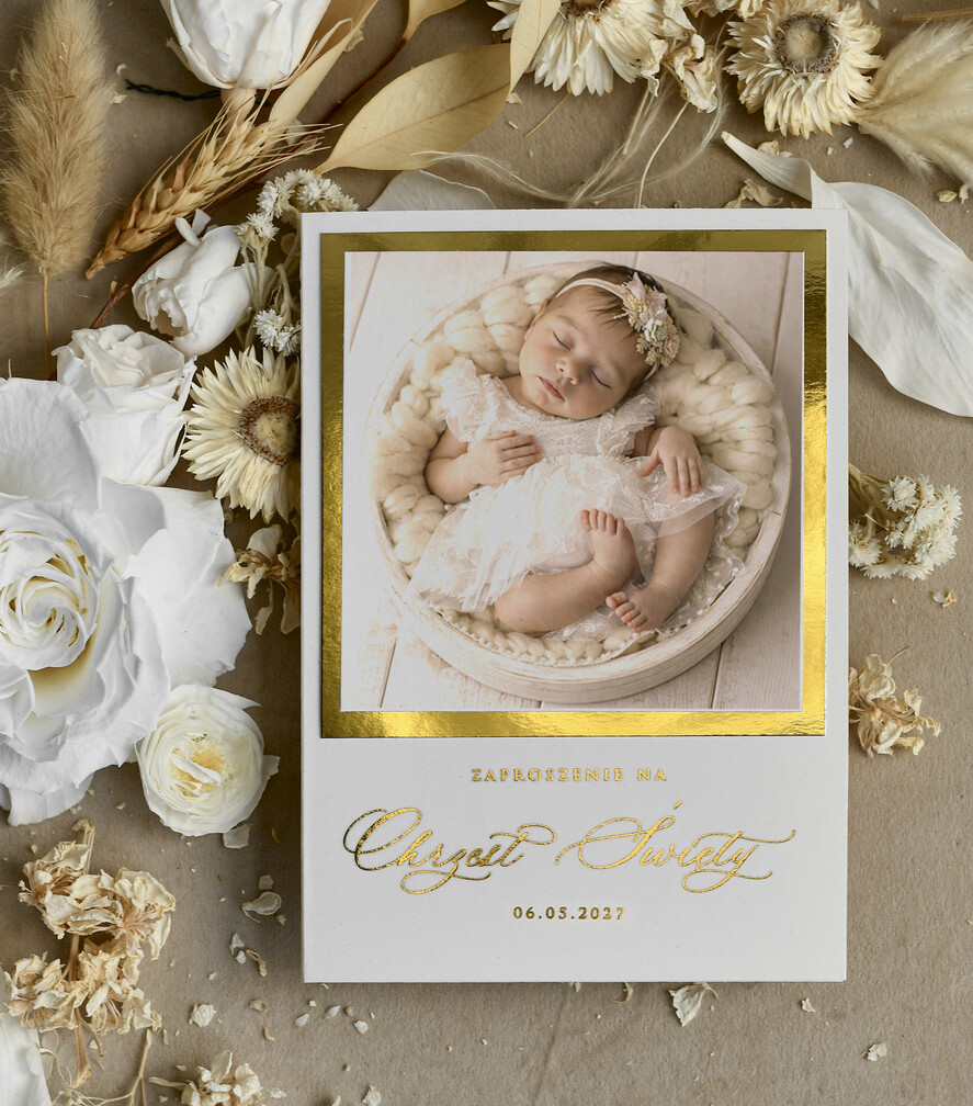 ZAPROSZENIA NA CHRZCINY dla dziewczynki  Złocone Zaproszenie na Chrzest, Eleganckie Zaproszenia na Chrzciny ze Zdjęciem 1