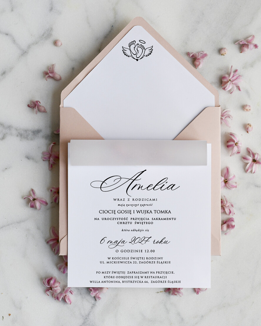 ZAPROSZENIA NA CHRZCINY dla dziewczynki  klasyczne Różowe Zaproszenie na Chrzest z kalką, Eleganckie Zaproszenia na Chrzciny ze Zdjęciem 1