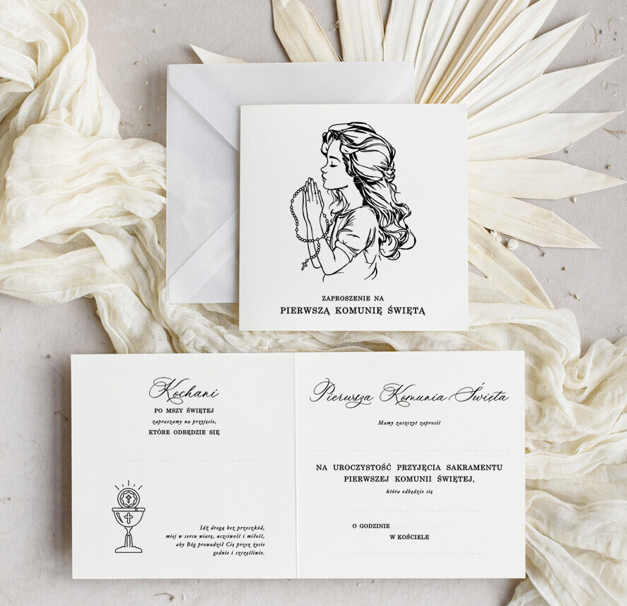 Gotowe zaproszenia na Komunię  dla dziewczynki Eleganckie zaproszenia na Pierwszą Komunię Świętą do samodzielnego wypełnienia w zestawie z kopertą0
