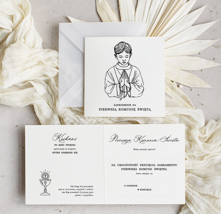 Gotowe zaproszenia na Komunię  dla chłopca Eleganckie zaproszenia na Pierwszą Komunię Świętą do samodzielnego wypełnienia w zestawie z kopertą0