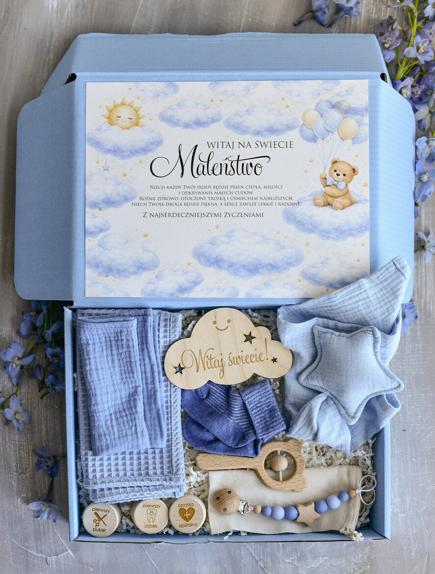 prezent dla Malucha - Wyprawka duze boxy preznetowe dla noworodka  Wyprawka dla Noworodka - Box dla  Niemowlaka boho gryzak pieluszka Witaj Świecie 0