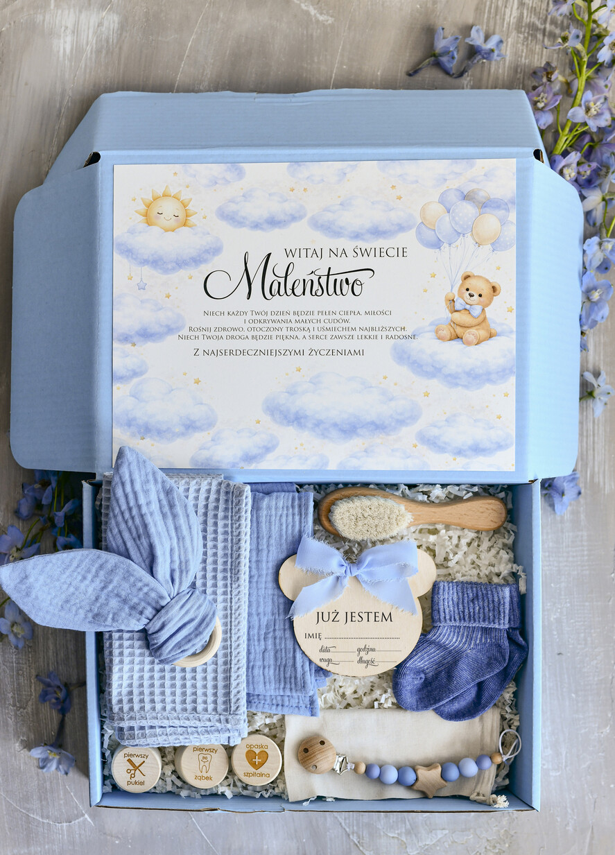 prezent dla Malucha - Wyprawka duze boxy preznetowe dla noworodka  Zestaw prezentowy dla Noworodka - Wyprawka Niemowlę Baby Shower boho gryzak pieluszka Kroki Milowe0