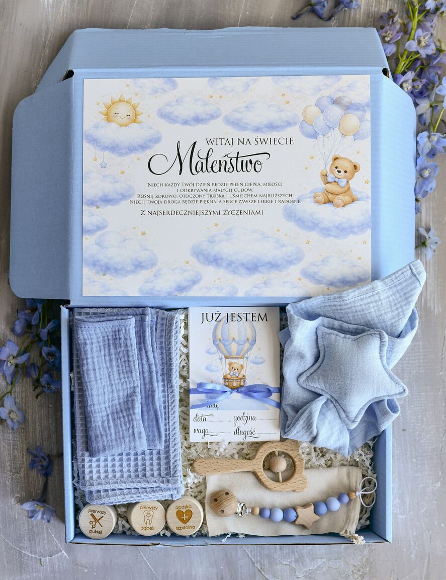 prezent dla Malucha - Wyprawka duze boxy preznetowe dla noworodka  Wyprawka dla Noworodka - Zestaw prezentowy dla Niemowlaka boho gryzak pieluszka Witaj Świecie 0