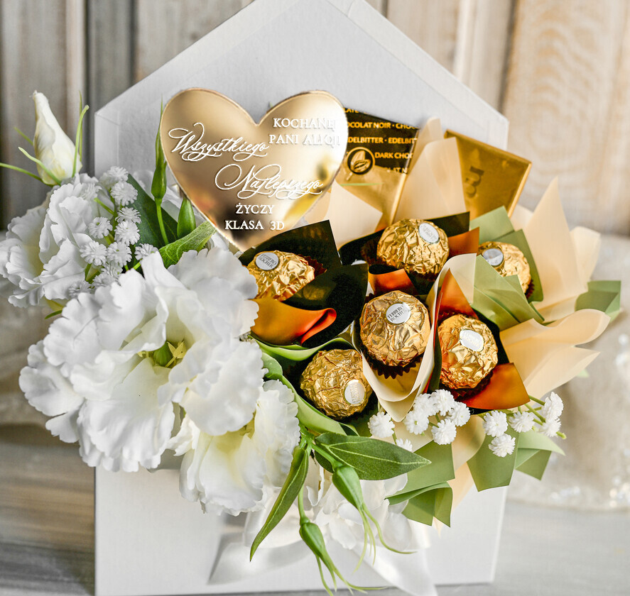 prezent dla nauczuciela/ dzień nauczyciela flower box kwiaty i słodycze Personalizowany box z kwiatami i czekoladkami dla nauczycielki prezent podziękowanie na koniec roku szkolnego 1