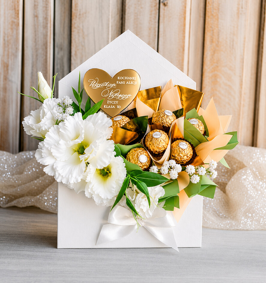 prezent dla nauczuciela/ dzień nauczyciela flower box kwiaty i słodycze Personalizowany box z kwiatami i czekoladkami dla nauczycielki prezent podziękowanie na koniec roku szkolnego 3